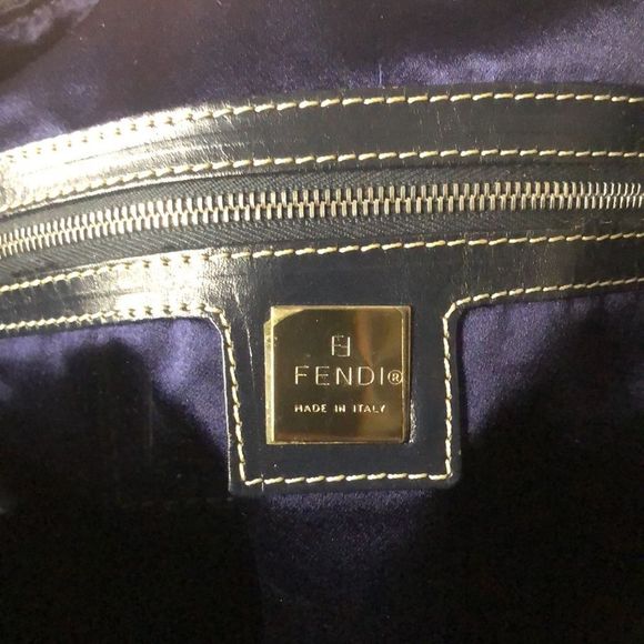 FENDI Zucca Boston Navy Blue Leather Grey Canvas Tote Carry-On Bag Speedy 30 EUC - Picture 4 of 17